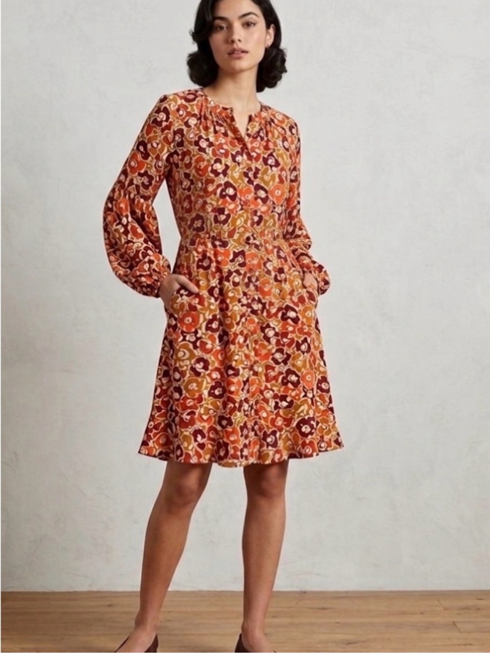CAbi Daydream Dress #4238 Red Orange Mustard Floral Swing Dress Size Small
